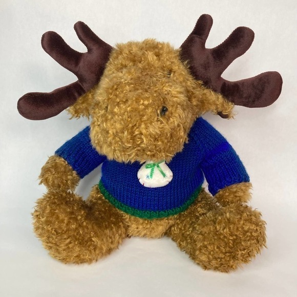𝅺hugfun 12" Curly Hair Moose Plush Wearing Blue Snowman Sweater Winter Holiday - Picture 1 of 12